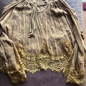 The Hanger Mustard Lace-Hem Peasant Blouse cold shoulder cropped top